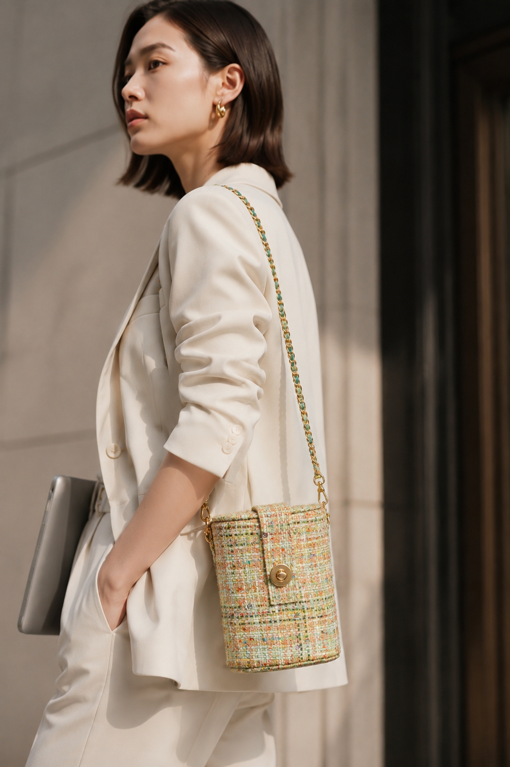 Bolso Baúl Tweed Verde Claro Cadena Larga y Corta