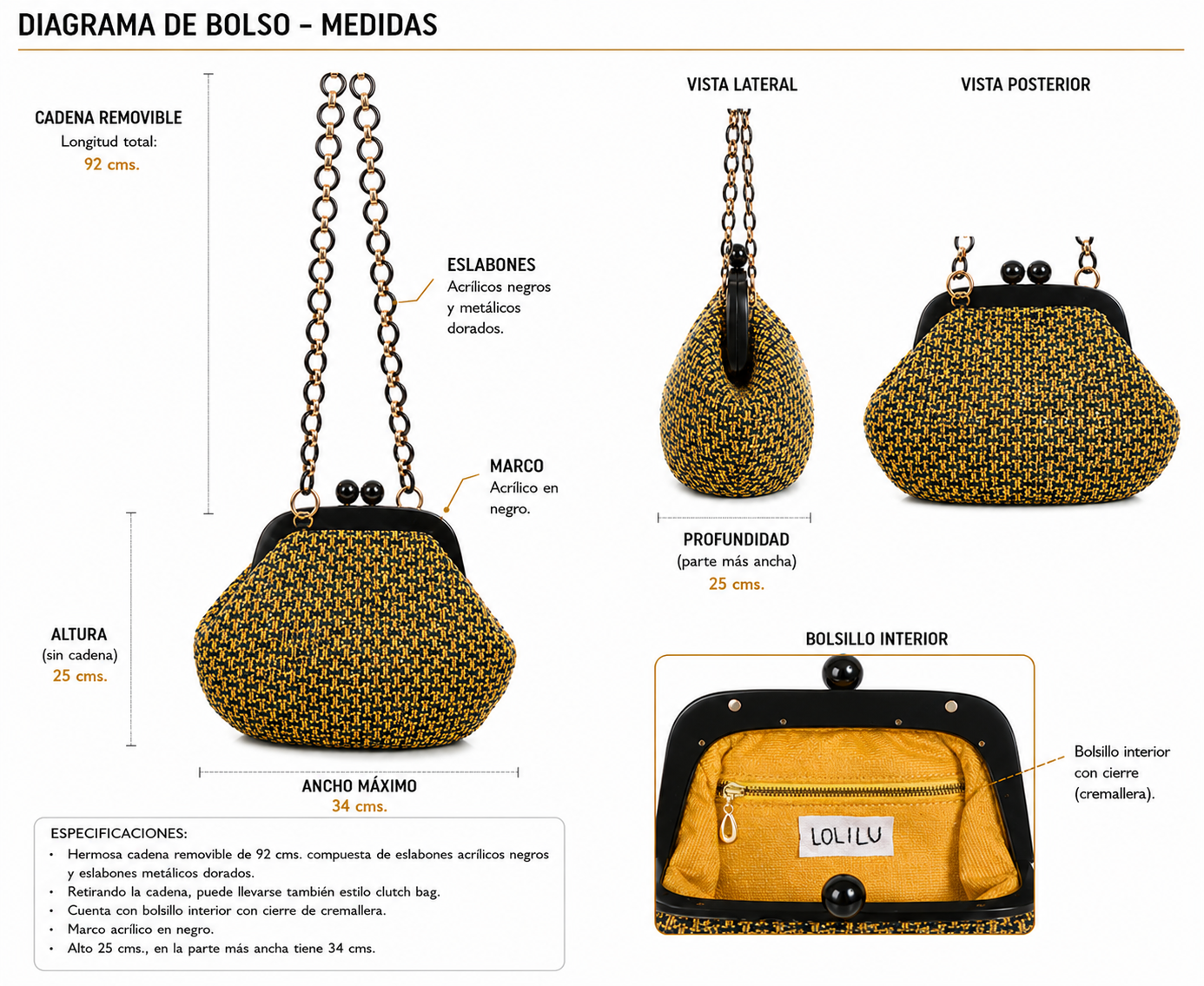Tweed Amarillo y Negro con Manija Acrilica Negra