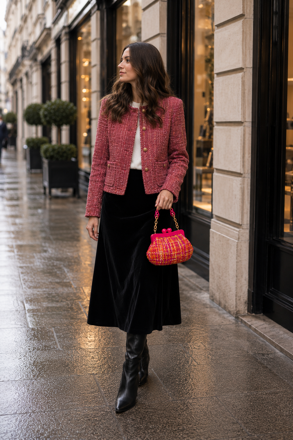 Tweed Naranja y Fucsia con Manija Acrilica Fucsia