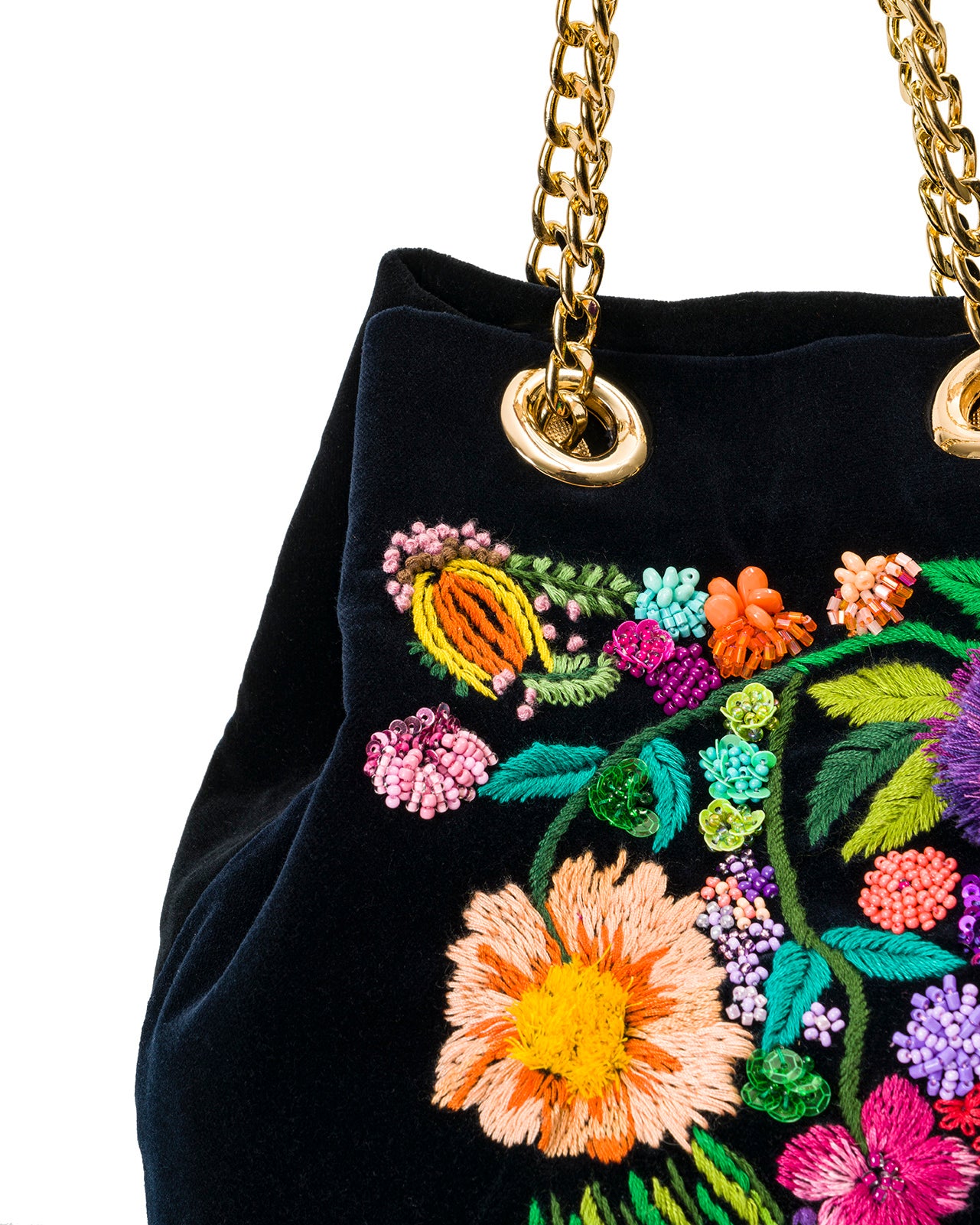 Flores Bordadas a Mano Sobre Terciopelo Azul Noche y Negro