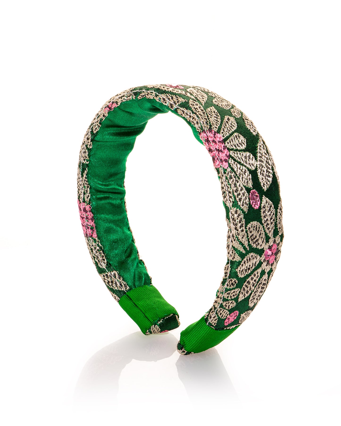 Balaca Diadema en Brocado Verde con Flores