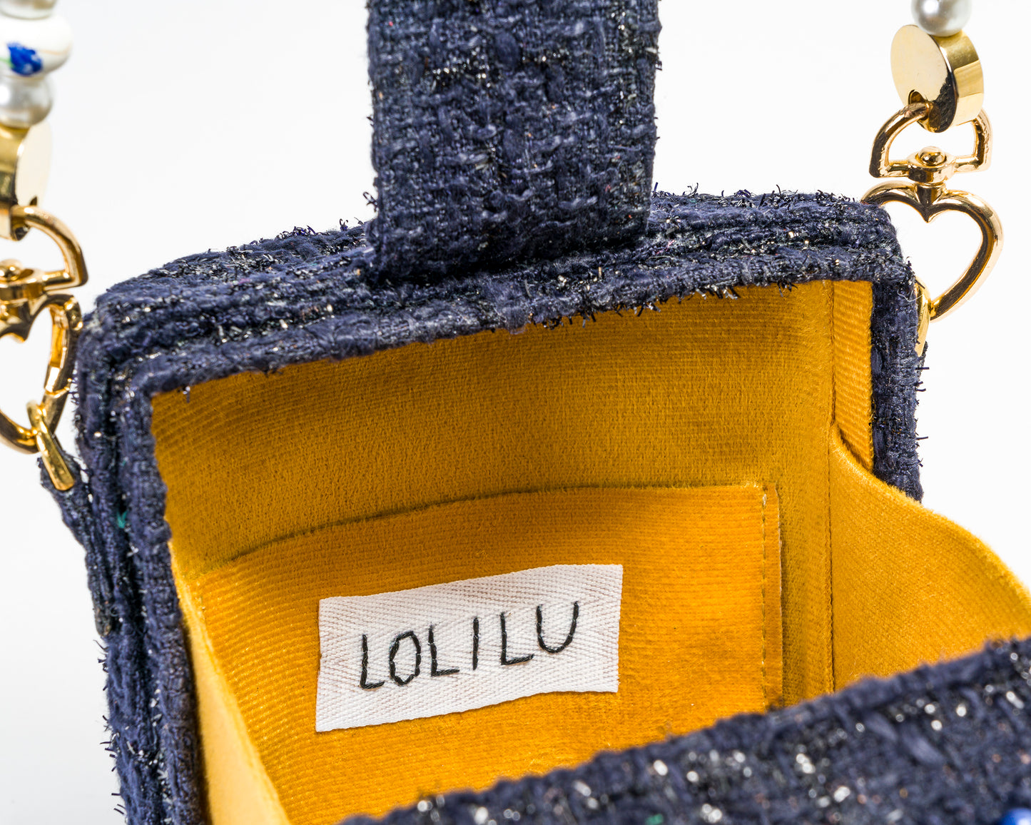 Bolso Baúl Tweed con Perlas en Azul Noche