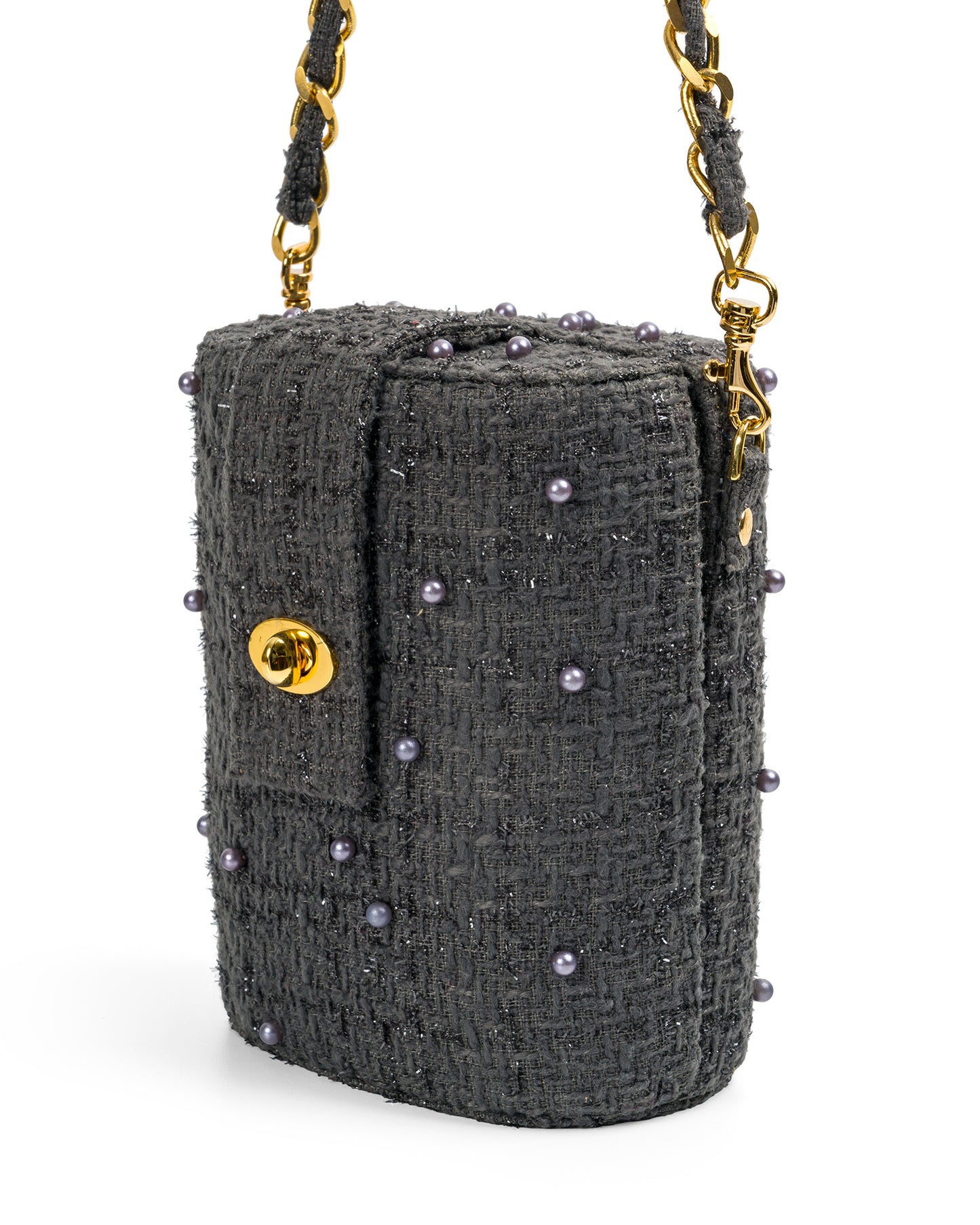 Bolso Baúl Tweed Gris con Perlas