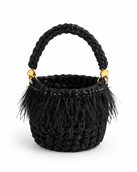 Bolso en Crochet con Plumas y Asa Rigida