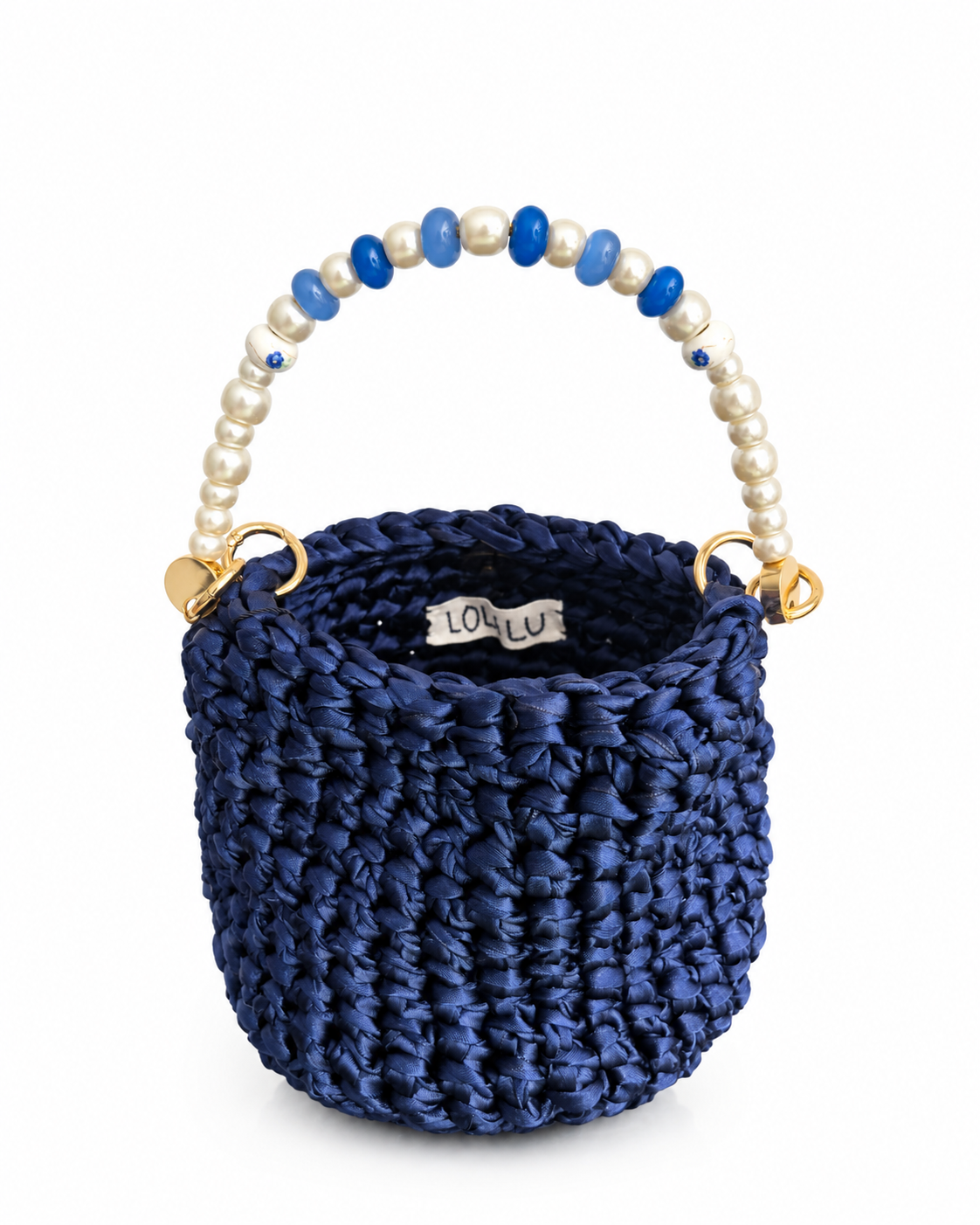 Bolso azul marino en crochet con cintas - Asa corta con perlas y cadena