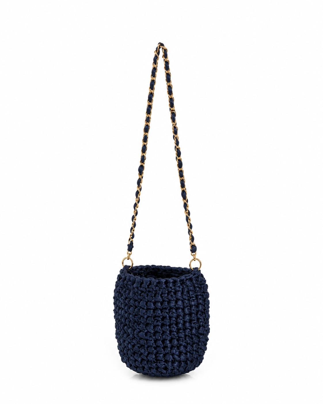 Bolso azul marino en crochet con cintas - Asa corta con perlas y cadena