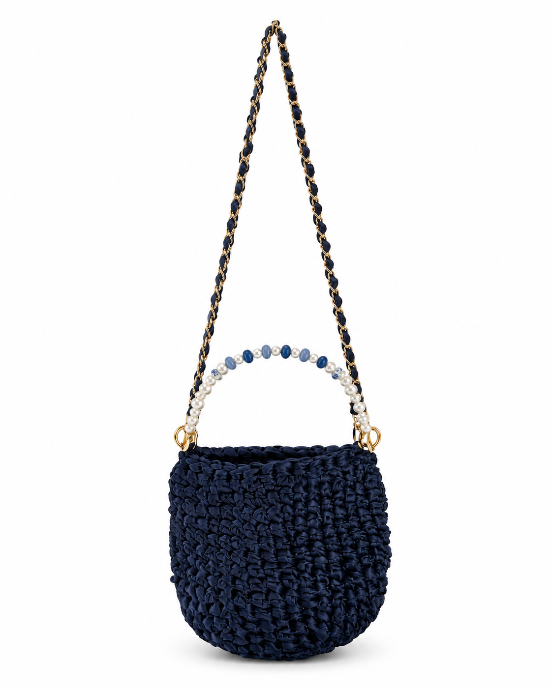 Bolso azul marino en crochet con cintas - Asa corta con perlas y cadena