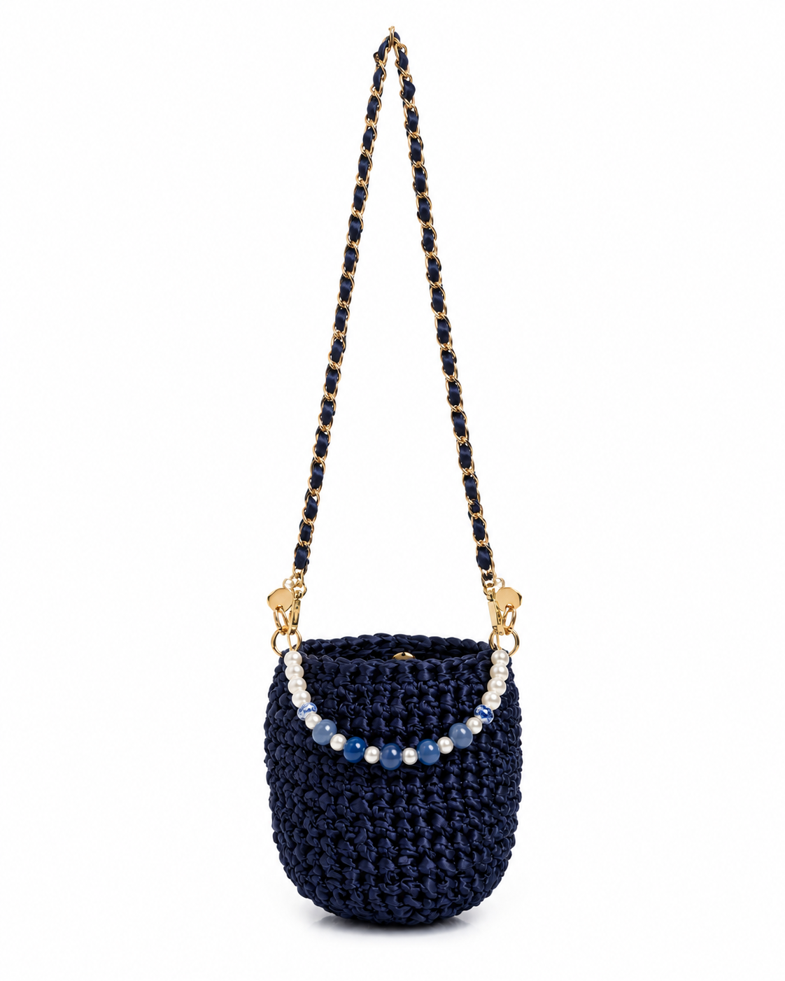 Bolso azul marino en crochet con cintas - Asa corta con perlas y cadena
