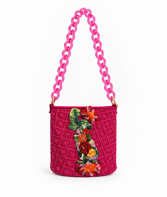 Bucket Fucsia Jardín Tropical Bordado a Mano