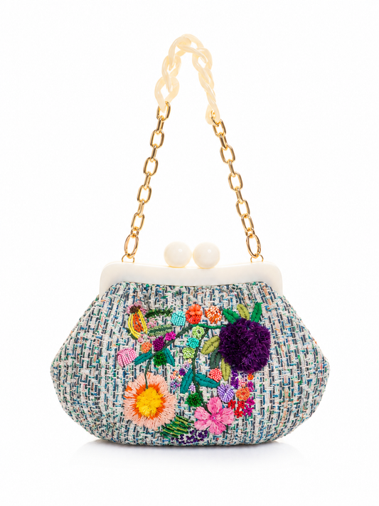 Tweed Jaspeado Bordado a Mano Manija Beige