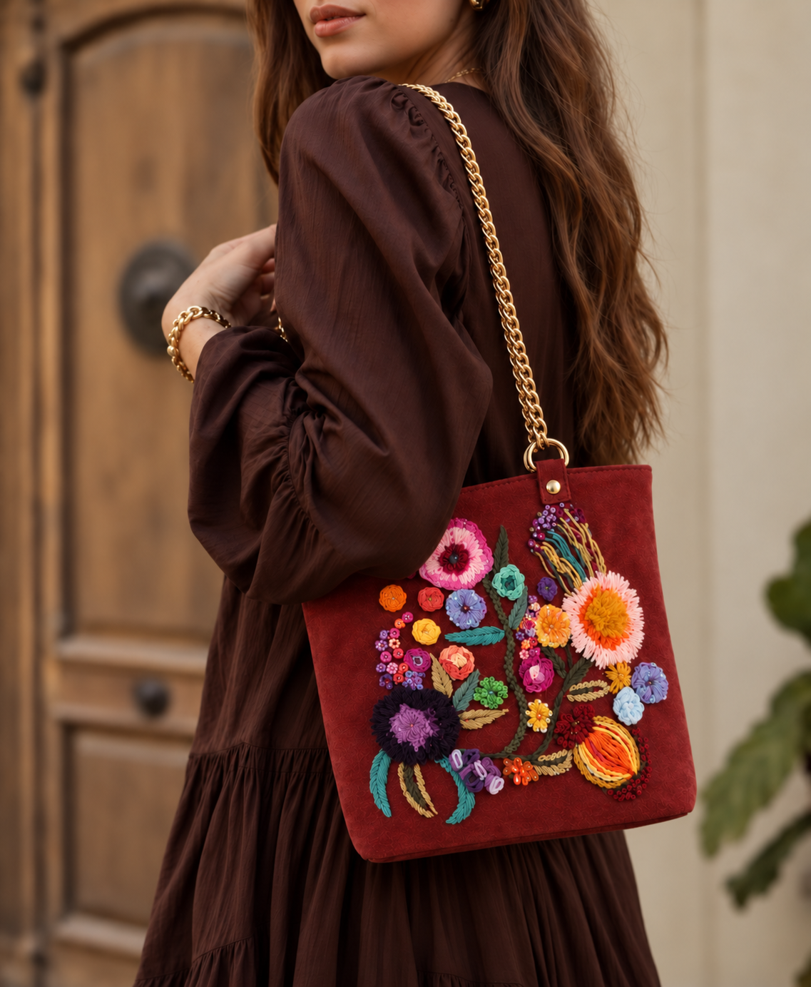 Bolso Jardin Terracota Bordado a Mano