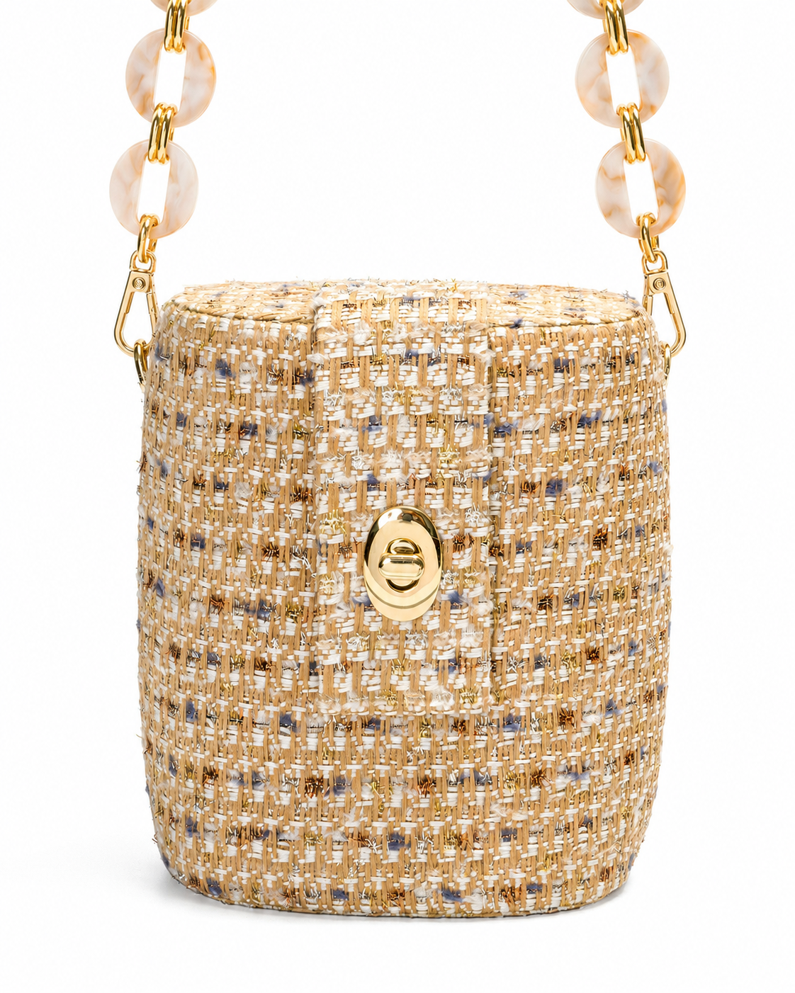 Bolso Baúl Tweed Fondo Habano con Cadena Acrílica
