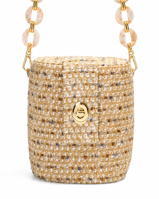 Bolso Baúl Tweed Fondo Habano con Cadena Acrílica