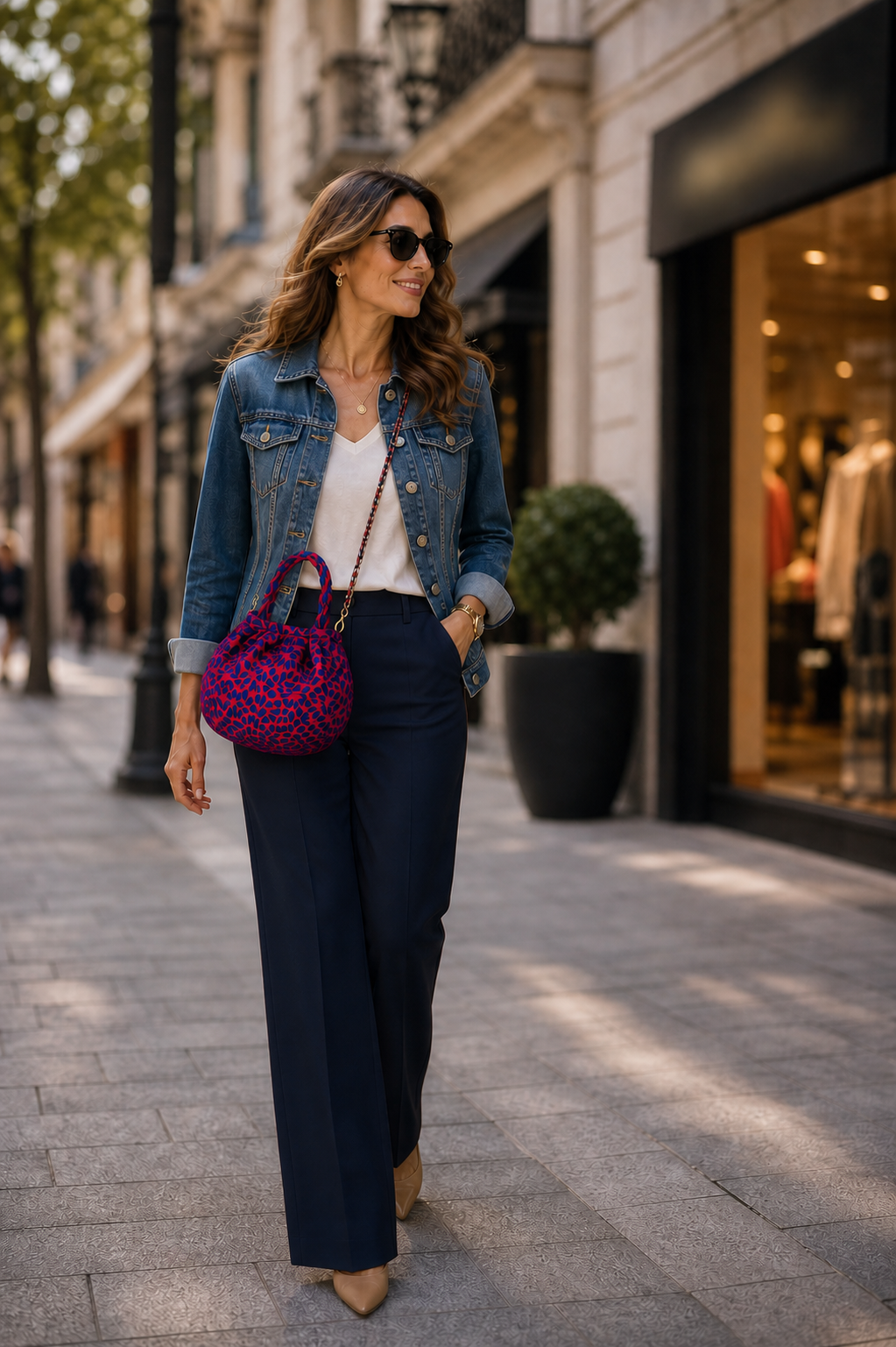Brocado en Azul con Flores Rojas