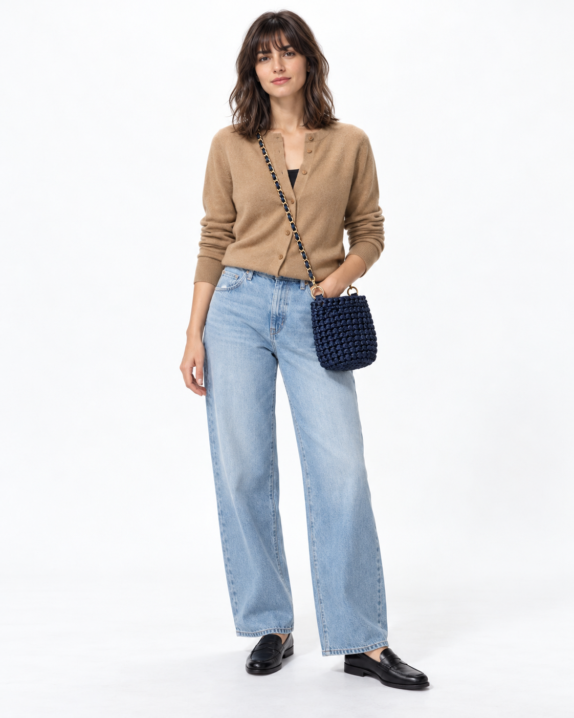 Bolso azul marino en crochet con cintas - Asa corta con perlas y cadena
