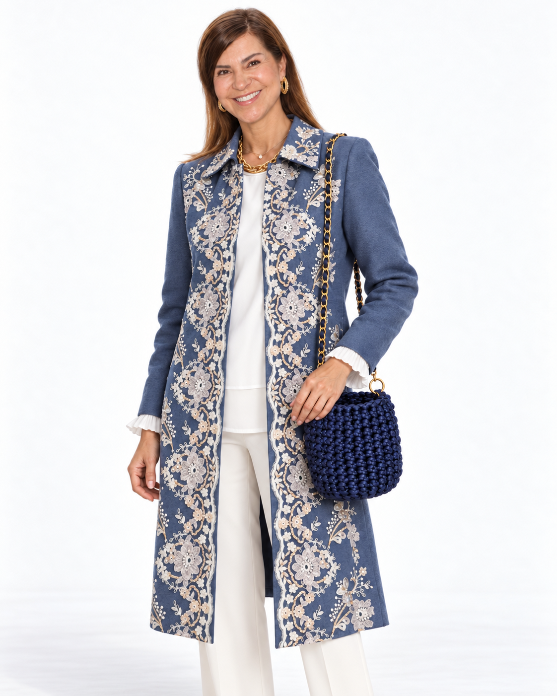 Bolso azul marino en crochet con cintas - Asa corta con perlas y cadena
