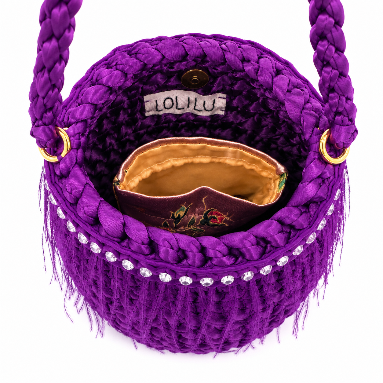 Bolso Tejido Morado con Plumas y Cristales