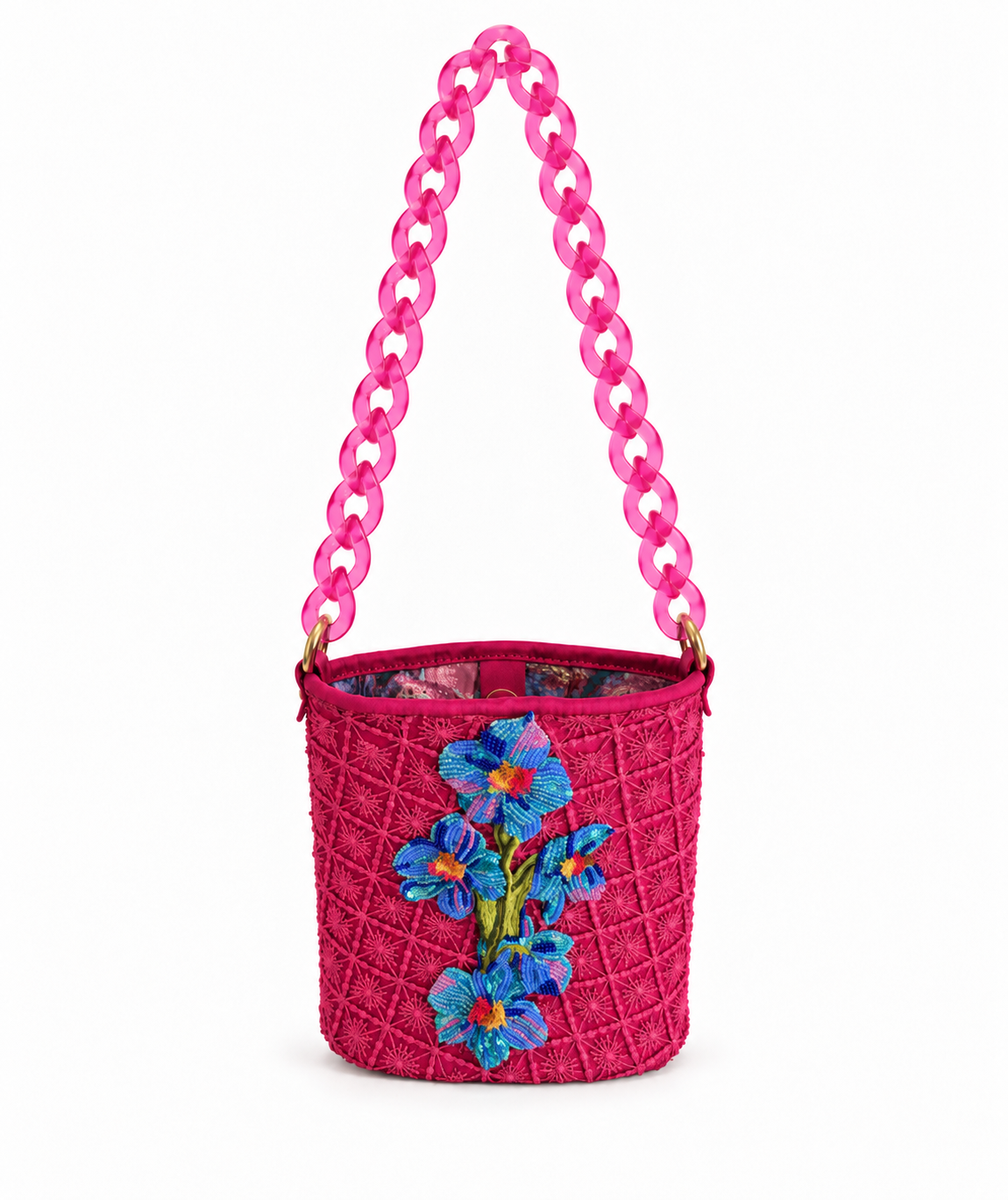 Bucket Fucsia Jardín Azul Bordado a Mano