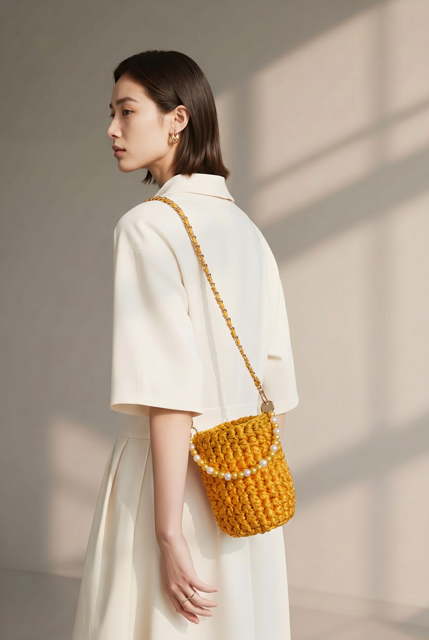 Asa Rígida con Perlas y Cadena en Amarillo Bitono