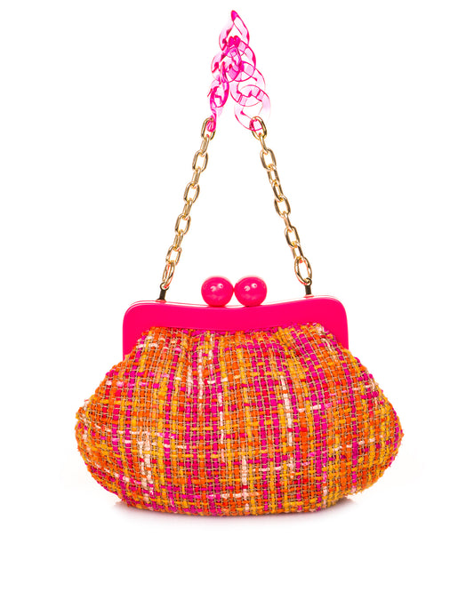 Tweed Amarillo, Naranja y Fucsia con Manija Acrilica Fucsia