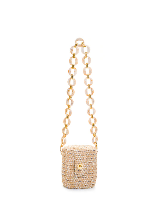 Bolso Baúl Tweed Fondo Habano con Cadena Acrílica