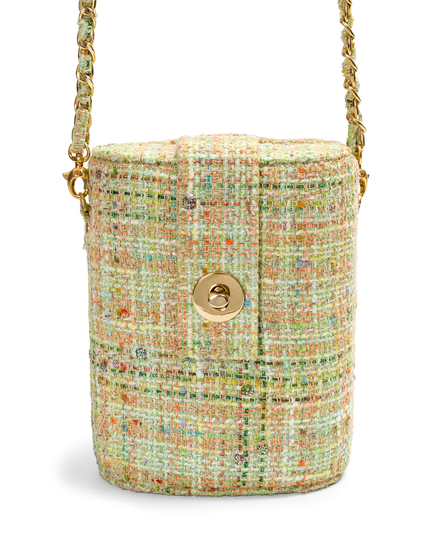 Bolso Baúl Tweed Verde Claro Cadena Larga y Corta