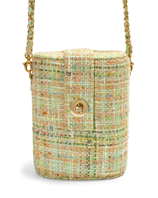Bolso Baúl Tweed Verde Claro Cadena Larga y Corta