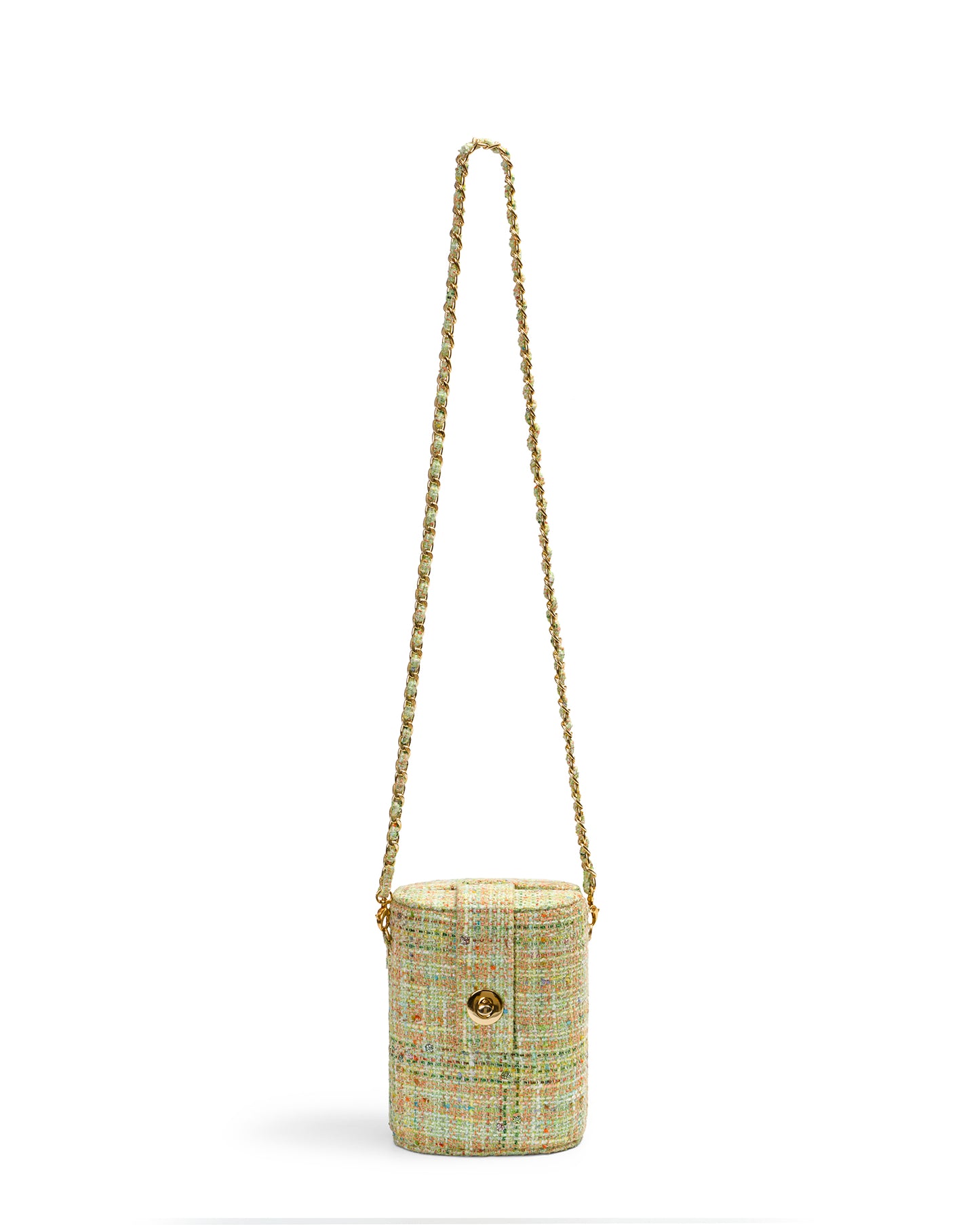 Bolso Baúl Tweed Verde Claro Cadena Larga y Corta