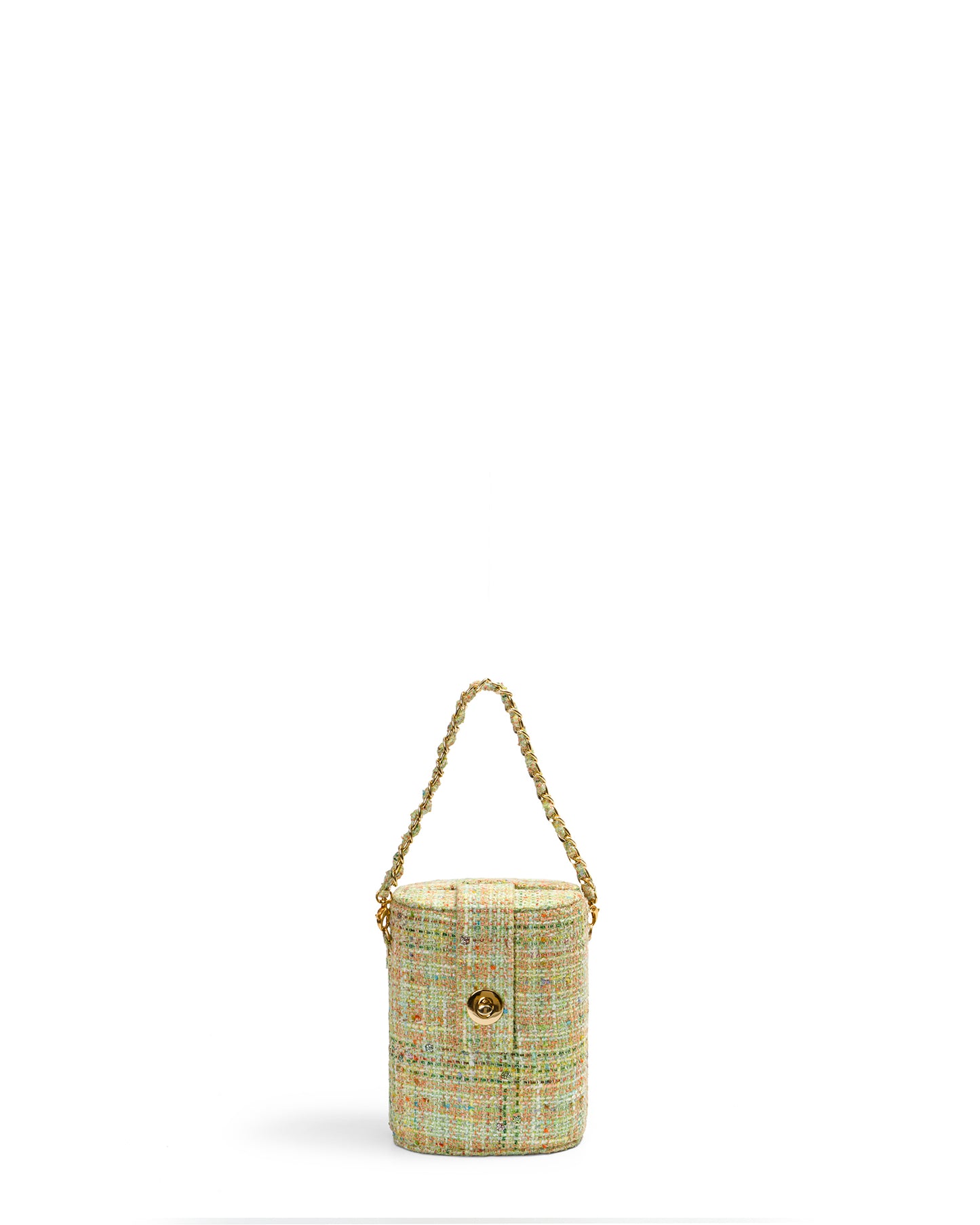 Bolso Baúl Tweed Verde Claro Cadena Larga y Corta