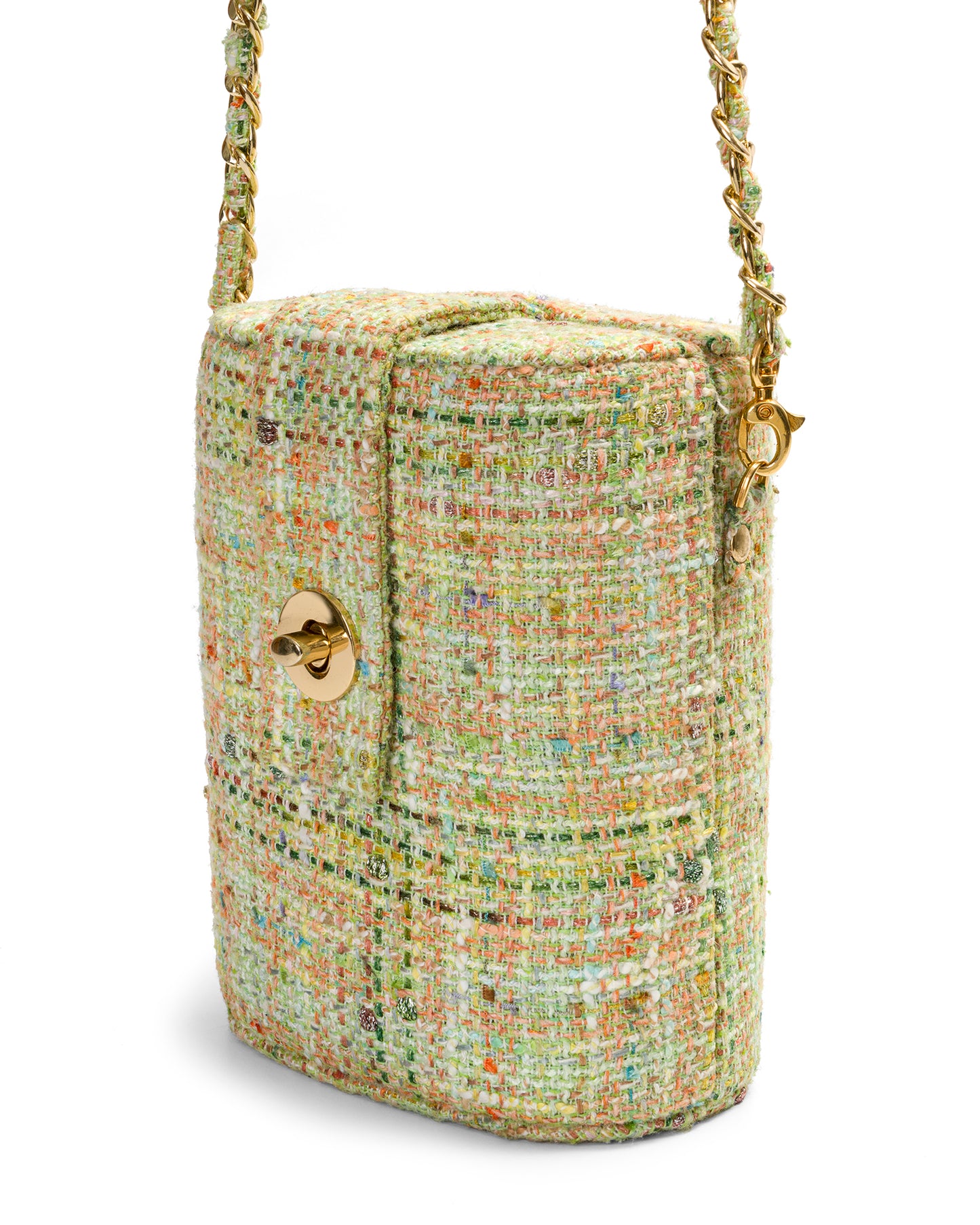 Bolso Baúl Tweed Verde Claro Cadena Larga y Corta