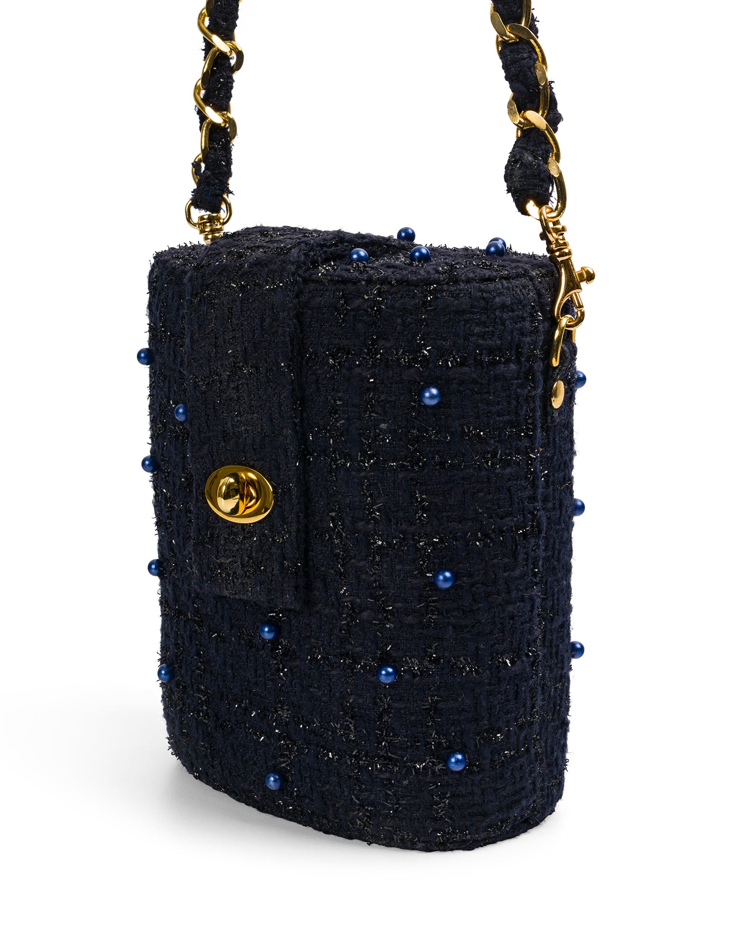 Trunk Bag in Navy Blue Tweed with Pearls